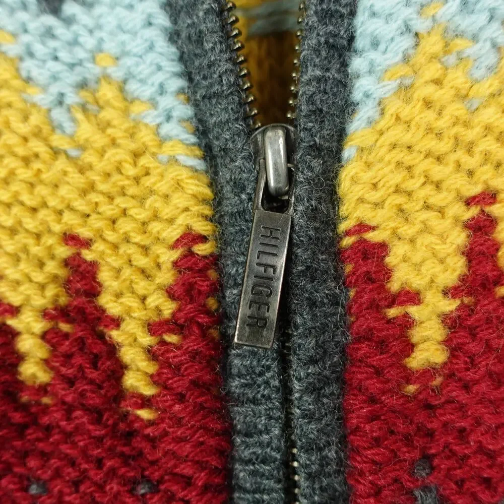VTG Tommy Hilfiger‎ Cardigan Sweater Mens SZ L Wool Chunky Knit Full Zip Read